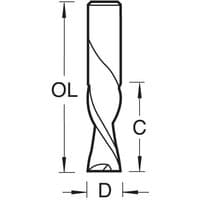Trend spiral down-cut router bit, 6.35mm diameter, single flute, silver finish, with cutting and shank measurements.