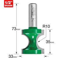 Green and silver Trend staff bead router bit with 10mm radius and 1/2 inch shank, labeled dimensions.