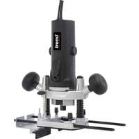 Black and silver Trend T4EK 1/4 plunge router with dual handles and adjustable depth gauge.