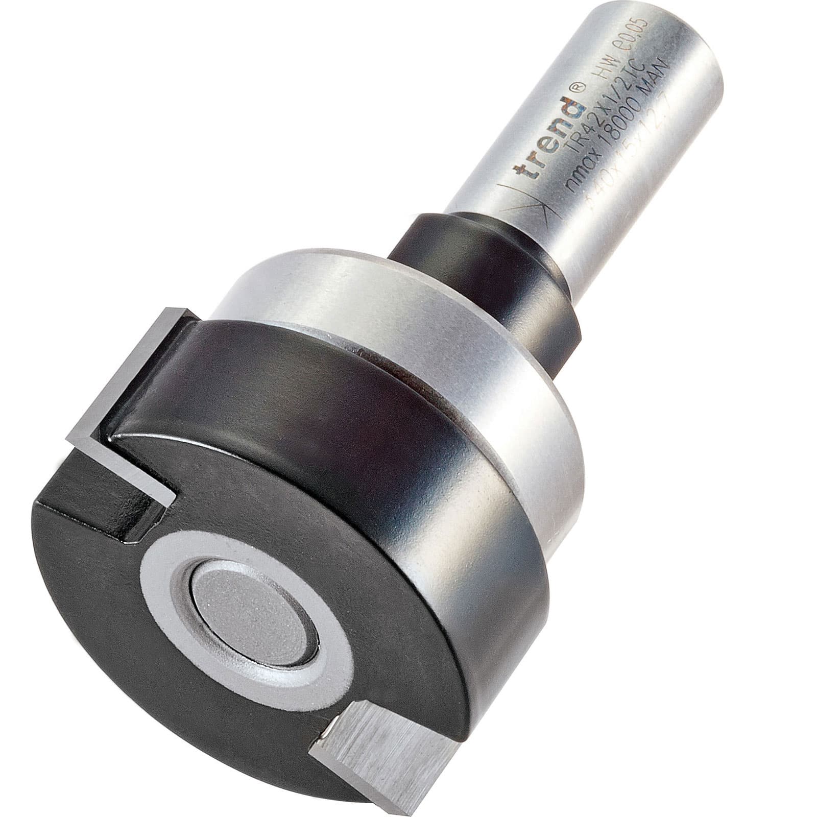 Bearing-guided intumescent router cutter with a shiny steel shaft, black cutting head, and a distinctive circular bearing for precision routing.