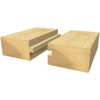 Wooden boards with interlocking grooves cut by Trend Two Flute Cutter, 15.9mm diameter, showcasing precise joinery.