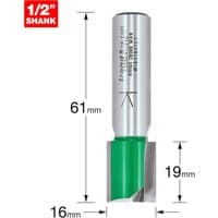 Trend two flute cutter, 16mm diameter, silver body with green tip, 61mm length, 1/2 inch shank.