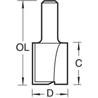 Diagram of Trend two flute cutter, 18mm diameter, with straight shank and cutting edges, labeled dimensions.