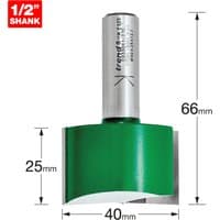 Trend two flute cutter, 40mm diameter, green and silver with 1/2 inch shank, 66mm length, labeled measurements.