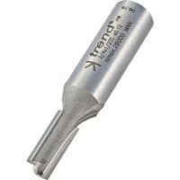 Trend two flute cutter, silver metal, 8mm diameter, engraved branding, cylindrical shank, sharp cutting edges.