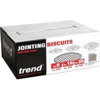 Trend Wood Jointing Biscuits box with black and white design, red text, and biscuit size illustrations.