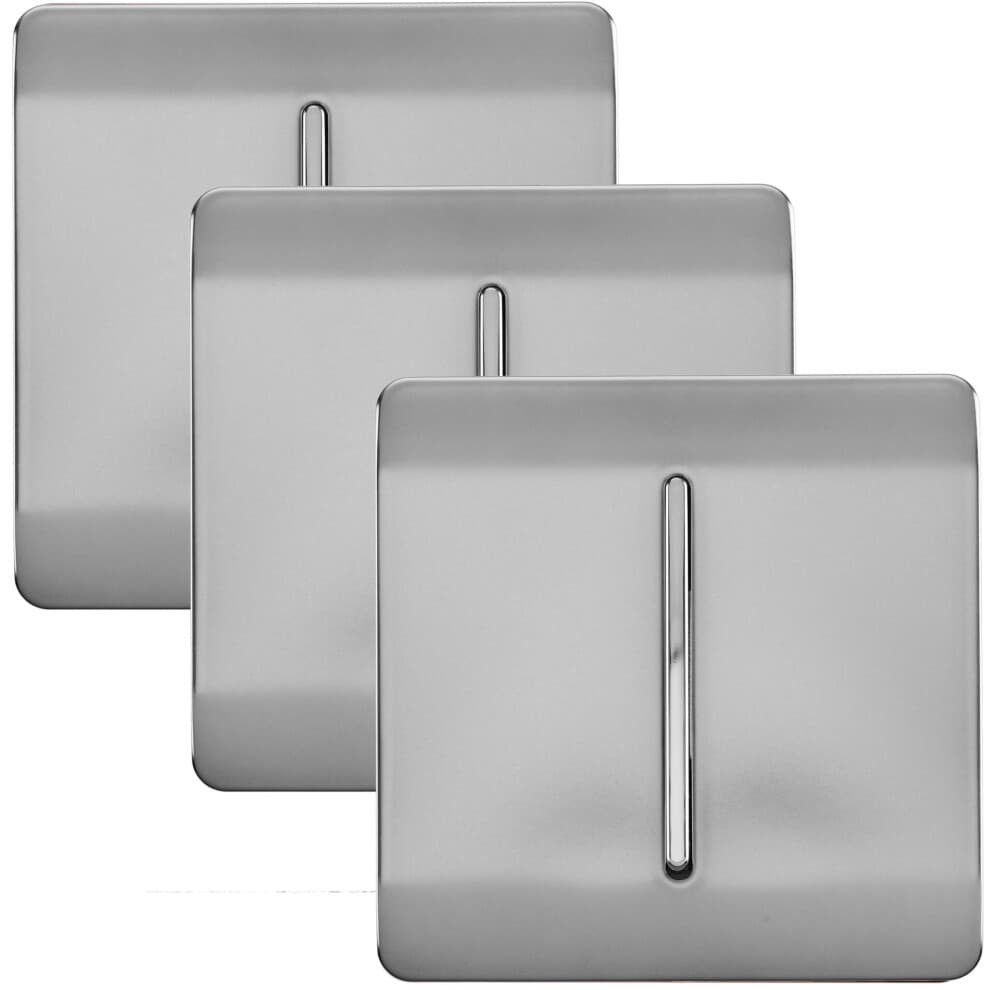 Three glossy stainless steel light switches in a sleek chrome finish, featuring a minimalist rocker design, packaged as a 3 pack, ideal for modern interiors.