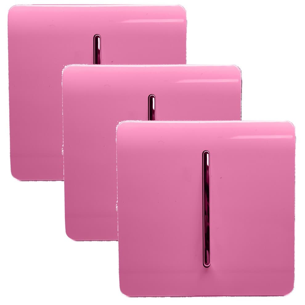 Glossy pink rocker light switches with chrome toggles, sold in a pack of three, featuring a modern design suitable for stylish home decor.