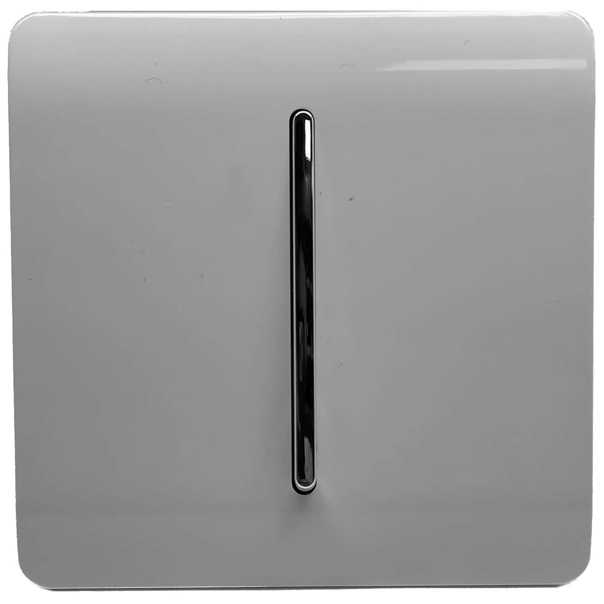 Light grey, glossy plastic light switch with a sleek design, featuring a vertical chrome toggle, sold in a pack of three, suitable for 10 Amp use.