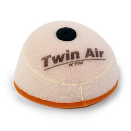 Light beige foam air filter with a black 3-pin center, featuring the "Twin Air" logo in dark brown, designed for various KTM motorcycle models from 2001 to 2012.