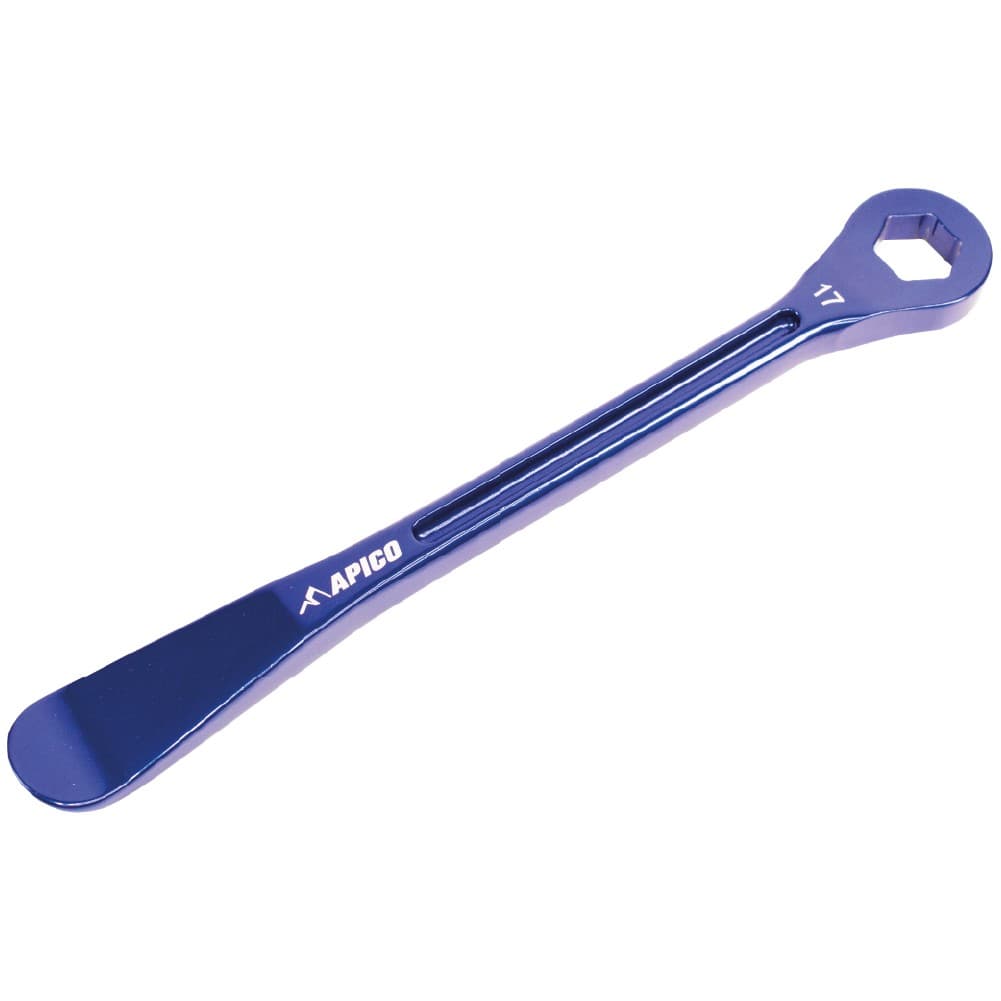 CNC machined blue aluminium tyre lever and axle wrench combination tool, featuring a 17mm hex head and a sleek, elongated design for easy grip and use.