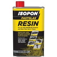 Isopon Fastglas Resin tin, 250ml, silver and yellow with red cap, for automotive and home repairs.