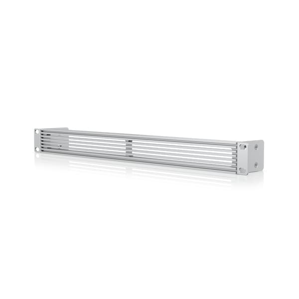 Vented blank panel in silver metal, designed for 1U rack space, featuring horizontal slits for airflow and mounting holes on both ends for secure installation.