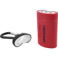 Red Uni-Com Quick Release Keyring Torch with three LED lights and black carabiner clip.