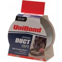 Silver Unibond duct tape roll, 50mm x 10m, in a red and blue branded package with high strength adhesive label.
