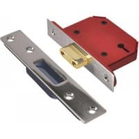 Stainless steel mortice deadlock with red casing, brass bolt, and rectangular faceplate with screw holes.