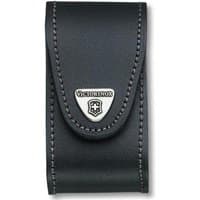 Black leather Victorinox belt pouch with stitched edges and logo emblem on flap, fits 5-8 layer tools.