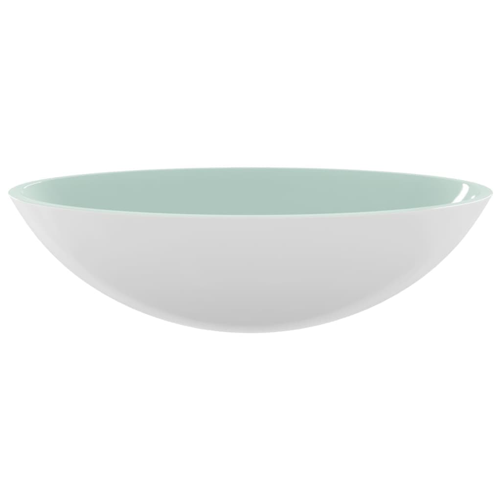 White ceramic basin with a triangular shape, measuring 645x455x115 mm, featuring a smooth surface and a subtle mint green interior.