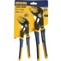 Two-piece Vise-Grip plier set with blue and yellow soft grips, fast release mechanism, mounted on branded packaging.