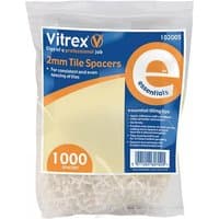 Vitrex 2mm white plastic tile spacers in a clear pack of 1000 with blue and orange branding.