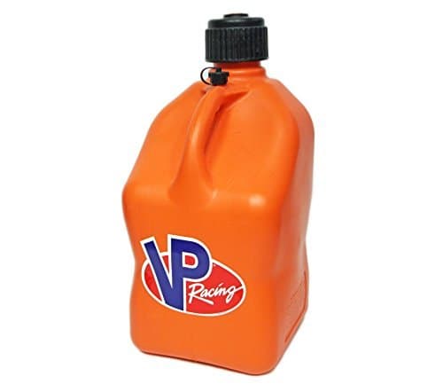 Bright orange 5-gallon motorsport container made of durable plastic, featuring a black screw cap and the VP Racing logo prominently displayed on the side.