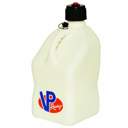 White 5-gallon motorsport container by VP Racing, featuring a sturdy plastic design, a black screw cap with a tether, and a prominent blue and red VP Racing logo.
