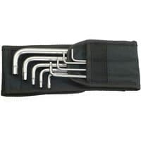 Wera 9-piece hex key set in silver, ranging 3/32"-3/8", stored in a black fabric pouch with Velcro closure.