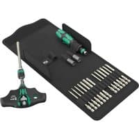 Wera T Handle Ratchet Screwdriver Set with green accents, includes bits and sockets in a black folding case.