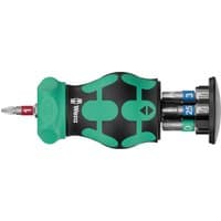Black and green Wera bicycle stubby screwdriver set with interchangeable bits and ergonomic handle.