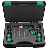 Wera adjustable torque screwdriver set with black and green handles in a black carrying case with multiple bits.
