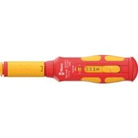 Red and yellow Wera 7516 Kraftform VDE insulated torque screwdriver with ergonomic handle and safety markings.