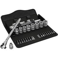 Wera 29 piece ratchet set with silver sockets, bits, and metal ratchet in a black folding case.