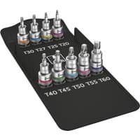 Wera 8740 C Zyklop Torx Socket Set with color-coded rings on a black holder, 1/2" drive, high torque, metric sizes.