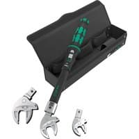 "Wera 9530 Torque Wrench Set with black handle, green accents, and interchangeable heads in a black case"