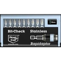 Wera Bitcheck set with 10 stainless torsion screwdriver bits, black case, labeled compartments, and Rapidaptor holder.