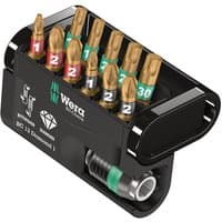 Black Wera Bit Check set with 12 gold-tipped bits, color-coded bands, and compact black holder with logo.