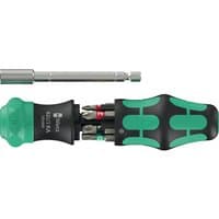 Black and green Wera ratchet screwdriver set with interchangeable bits and ergonomic handle design.