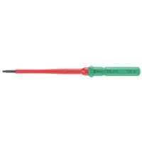 Wera Kraftform Kompakt 67 I VDE screwdriver with red insulated shaft and green ergonomic handle.