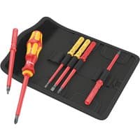 Wera Kraftform 7 Piece VDE Insulated Screwdriver Set with red and yellow handles in a black folding case.