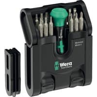 Wera Tool Check 21 Piece Modular Micro Screwdriver Set with green-handled driver and various bits in black case.