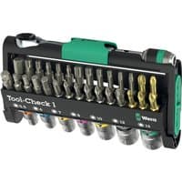 Wera Tool Check set with 38-piece 1/4" drive hex sockets and screwdriver bits in a compact black and green case.