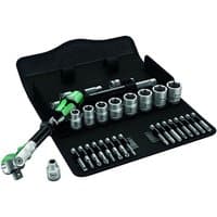 Wera Zyklop 29-piece ratchet set with green handle, imperial sockets, and bits in black case.