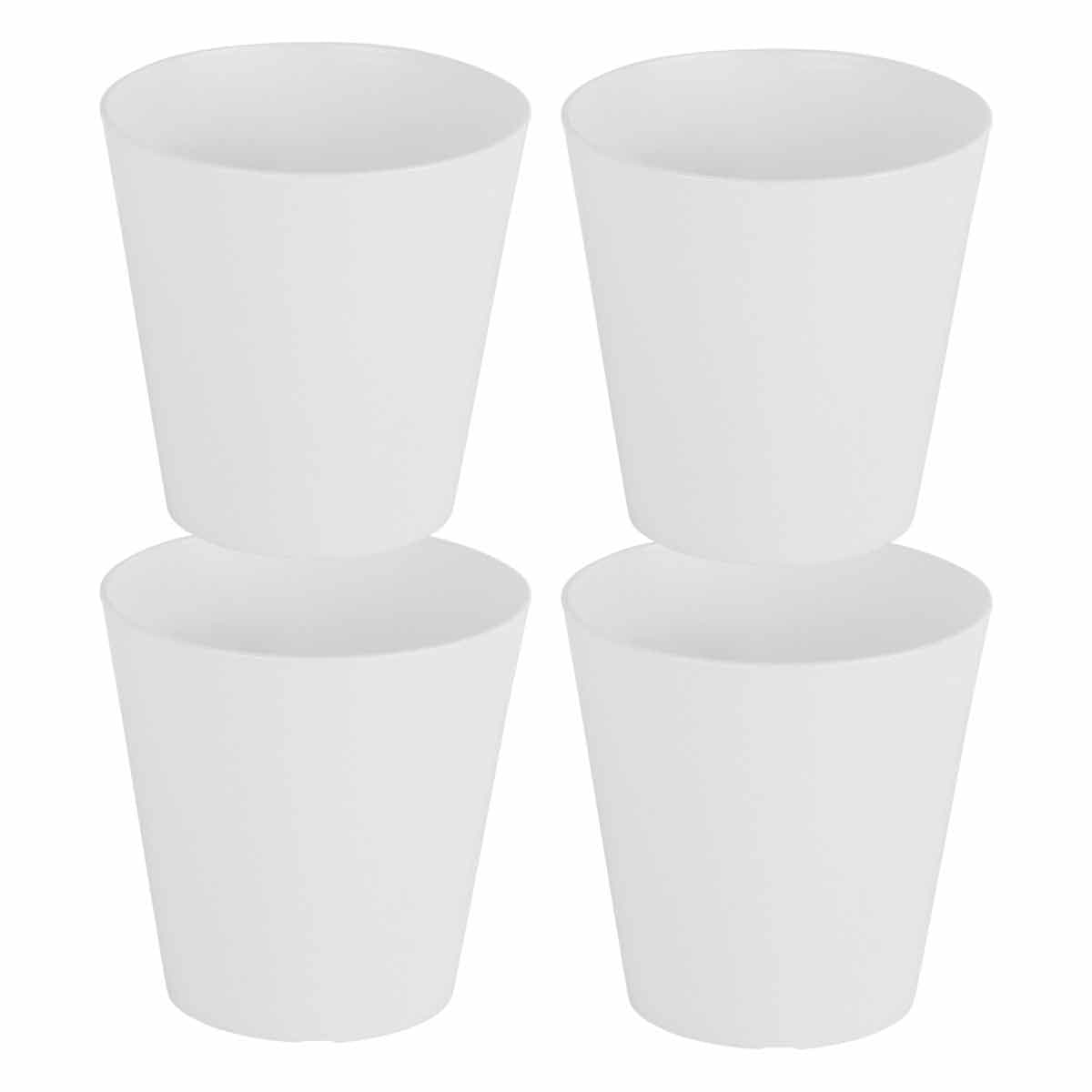 Set of four 14cm round white planters made from durable plastic, featuring a smooth finish and tapered design for modern decor.
