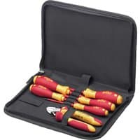 Red and yellow Wiha VDE insulated screwdriver and side cutters set in a black zippered case.