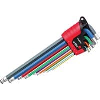 Wiha 9 piece hex key set with color-coded handles, ball ends, and red holder for easy organization.