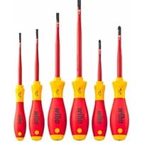 Wiha Slimfix Vde screwdriver set, 6-piece, red and yellow insulated handles, flat and Pozidriv tips.