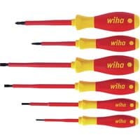 Red and yellow Wiha Softfinish 6 Piece VDE Insulated Slotted/Pozi Screwdriver Set with ergonomic handles.