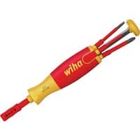 Red and yellow Wiha VDE Liftup screwdriver with six interchangeable bits stored in the handle.