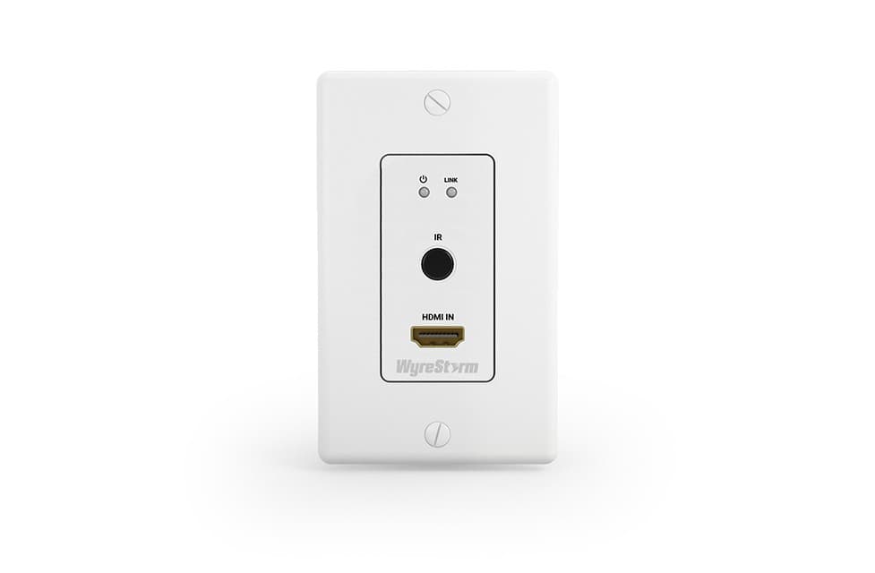 WyreStorm TX-35-IW HDMI socket-outlet in white, featuring an HDMI input, IR sensor, and indicator lights, designed for wall installation.
