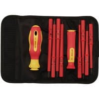 Red and yellow XP1000 VDE screwdriver set with interchangeable blades in a black carrying case.